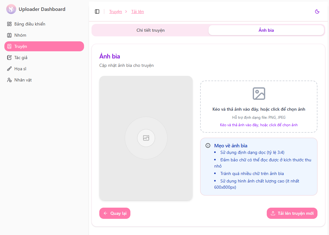 Giao diện upload truyện