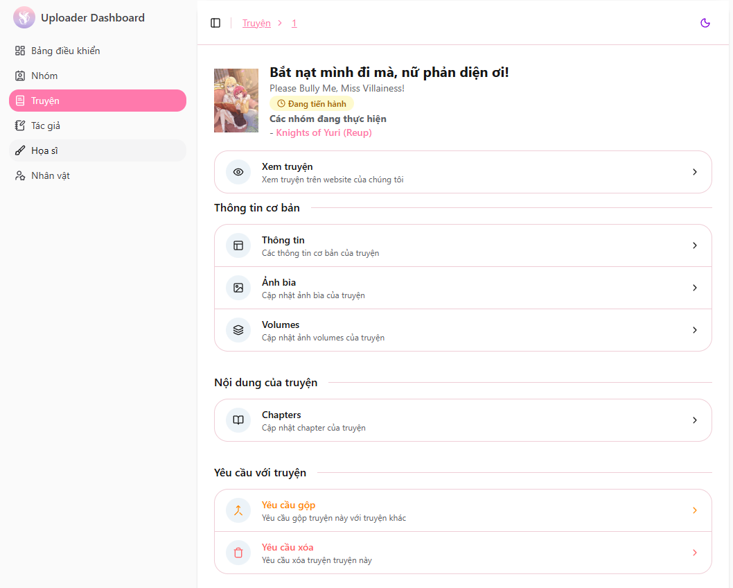 Giao diện quản lý truyện