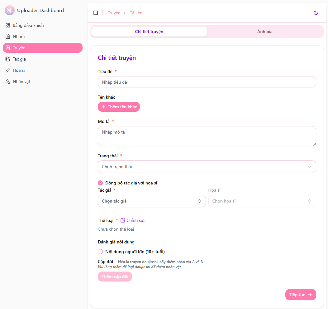 Giao diện upload truyện
